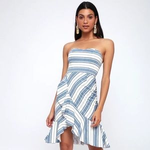 Lulu’s Delfino Blue and White Striped Ruffled Strapless Midi Dress